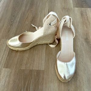 New Soludos metallic gold classic tall wedge espadrilles